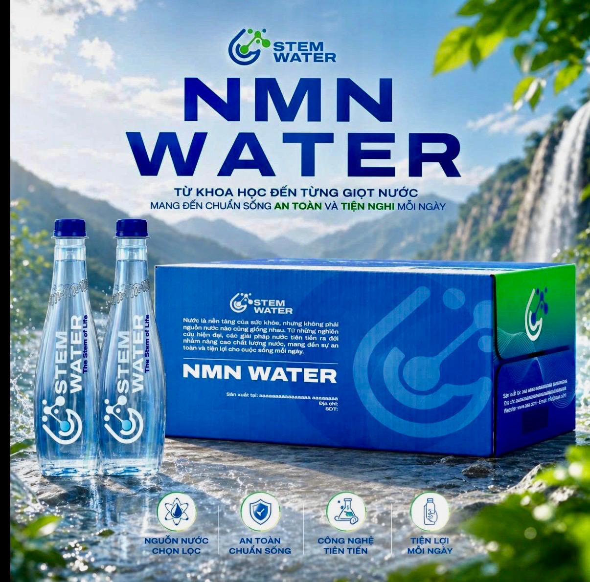 Stem Water NMN Water bottles and box display